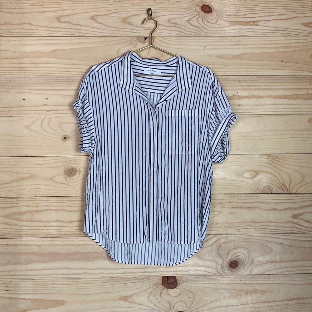 Frame Denim Black and White Striped Button Down Shirt